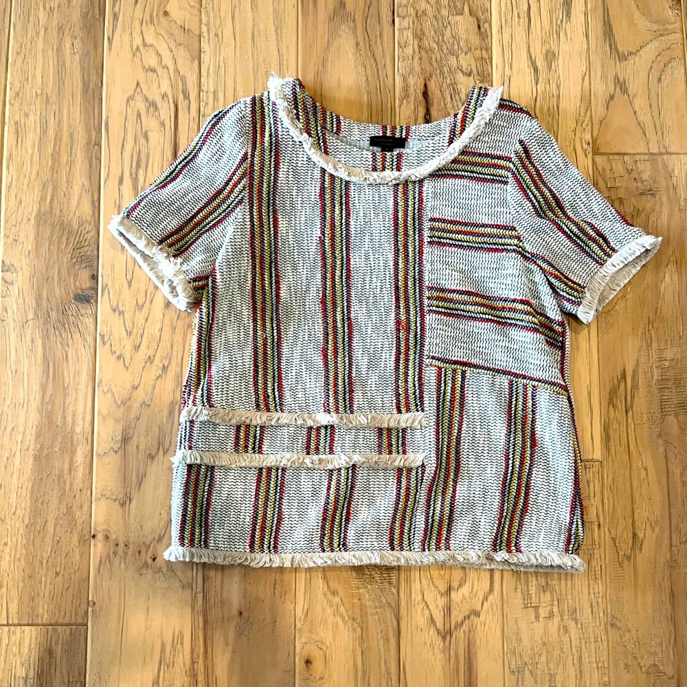 Current Air from Anthro, Black/ Red striped short sleeve shirt w/ fringe size M